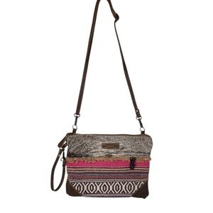 Myra Bag Crossbody Upcycled Canvas Genuine Cowhide Hair Patchwork Boho Leather